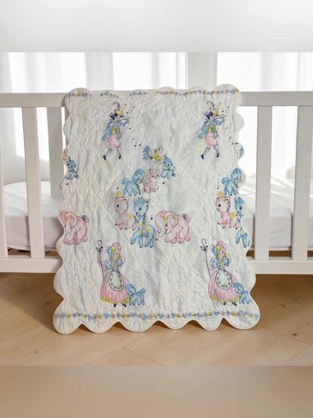 Vintage Quilted Baby Blanket Pastel Pink Blue Elephant Duck Cat Dog Poodle